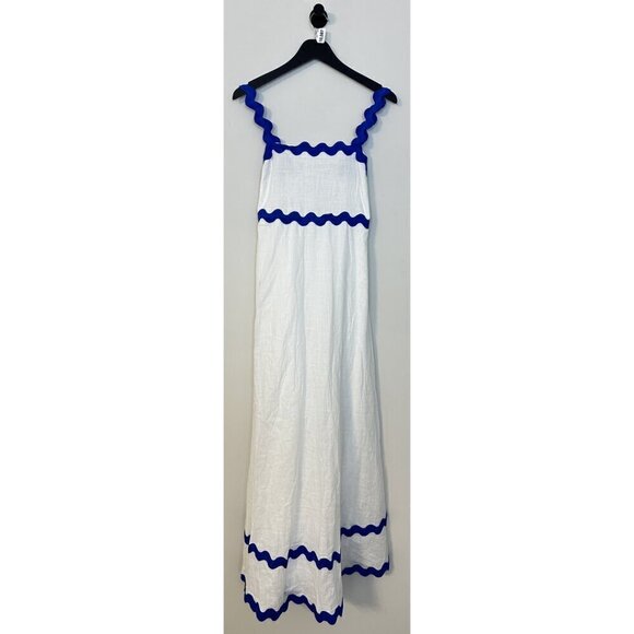 PETAL & PUP Nancy Rickrack Maxi Dress in White/Blue Size Medium - Picture 6 of 13